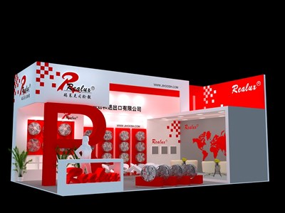 54平米展臺設計制作：二面開口/現代/木質結構/紅色，為汽配展展商而作（免費使用）