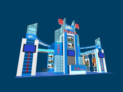 72平米展臺設(shè)計制作：四面開口/現(xiàn)代/型材結(jié)構(gòu)/藍色，為成就招商展展商而作（免費使用）