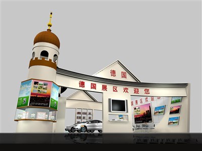 144平米展臺設(shè)計制作：三面開口/歐式/木質(zhì)結(jié)構(gòu)/米色，為成就招商展展商而作（免費使用）