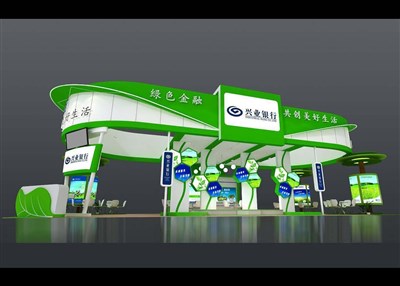 144平米展臺設計制作：一面開口/現(xiàn)代/木質結構/綠色，為金融展展商而作（免費使用）