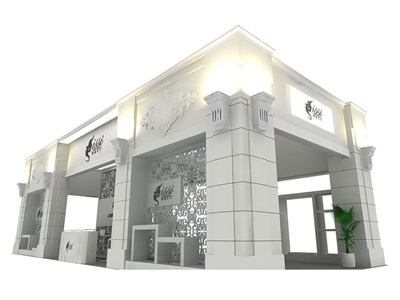 84平米展臺設計制作：四面開口/歐式/木質(zhì)結(jié)構(gòu)/白色，為紡織展展商而作（免費使用）