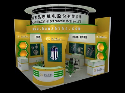 36平米展臺設(shè)計制作：二面開口/現(xiàn)代/木質(zhì)結(jié)構(gòu)/黃色，為汽配展展商而作（免費使用）