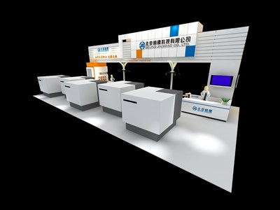 128平米展臺設計制作：四面開口/現(xiàn)代/木質結構/白色，為汽配展展商而作（免費使用）