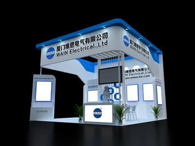 36平米展臺(tái)設(shè)計(jì)制作：三面開口/現(xiàn)代/木質(zhì)結(jié)構(gòu)/藍(lán)色，為汽配展展商而作（免費(fèi)使用）