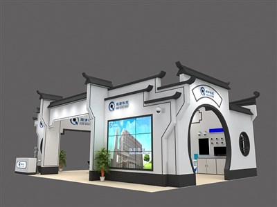 108平米展臺設(shè)計制作：三面開口/中式/木質(zhì)結(jié)構(gòu)/灰色，為安防展展商而作（免費使用）