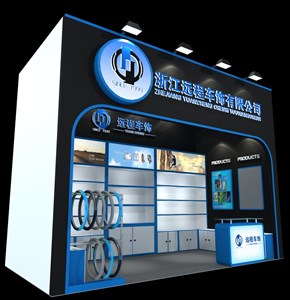 18平米展臺設計制作：一面開口/現(xiàn)代/木質結構/藍色，為汽配展展商而作（免費使用）