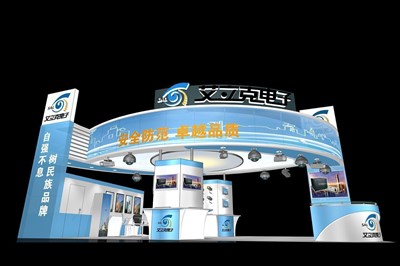 72平米展臺設計制作：三面開口/前衛(wèi)/木質(zhì)結(jié)構(gòu)/藍色，為安防展展商而作（免費使用）