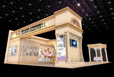 108平米展臺設(shè)計(jì)制作：三面開口/歐式/木質(zhì)結(jié)構(gòu)/米色，為美博會展商而作（免費(fèi)使用）