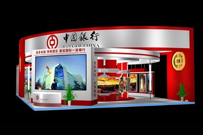 192平米展臺設計制作：二面開口/現(xiàn)代/木質(zhì)結(jié)構(gòu)/紅色，為金融展展商而作（免費使用）