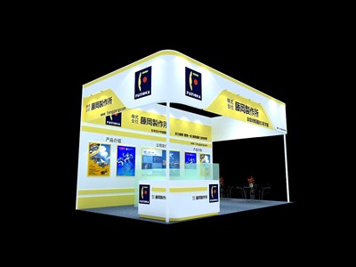 36平米展臺設(shè)計制作：三面開口/現(xiàn)代/木質(zhì)結(jié)構(gòu)/黃色，為汽配展展商而作（免費使用）