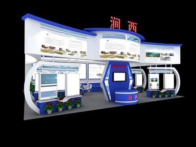 60平米展臺設(shè)計(jì)制作：一面開口/現(xiàn)代/木質(zhì)結(jié)構(gòu)/藍(lán)色，為農(nóng)交會展商而作（免費(fèi)使用）
