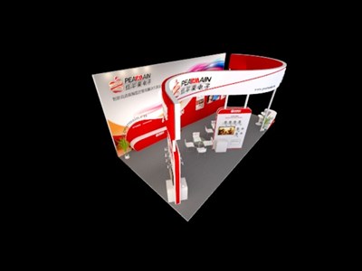 72平米展臺設(shè)計制作：三面開口/現(xiàn)代/木質(zhì)結(jié)構(gòu)/紅色，為安防展展商而作（免費使用）