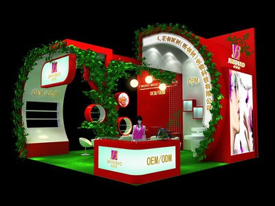 36平米展臺設(shè)計(jì)制作：三面開口/田園/木質(zhì)結(jié)構(gòu)/紅色，為美博會展商而作（免費(fèi)使用）