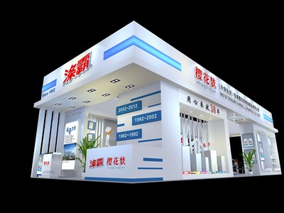 90平米展臺設(shè)計(jì)制作：四面開口/現(xiàn)代/木質(zhì)結(jié)構(gòu)/白色，為美博會(huì)展商而作（免費(fèi)使用）