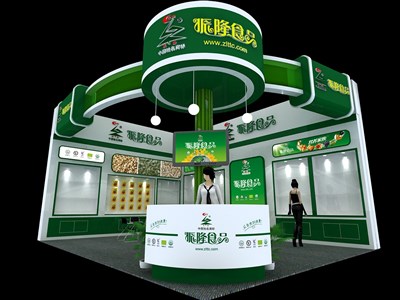 48平米展臺設(shè)計制作：二面開口/現(xiàn)代/木質(zhì)結(jié)構(gòu)/綠色，為食品展展商而作（免費使用）