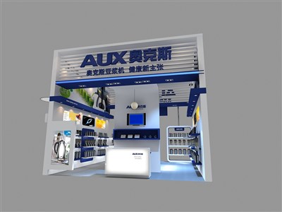 36平米展臺設(shè)計制作：二面開口/現(xiàn)代/木質(zhì)結(jié)構(gòu)/藍色，為家電展展商而作（免費使用）