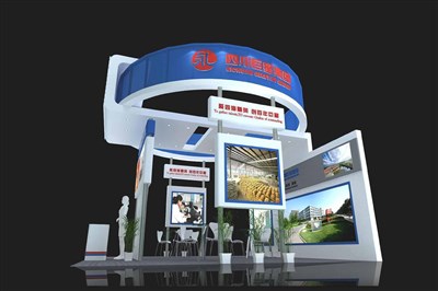 36平米展臺設計制作：三面開口/現(xiàn)代/木質結構/藍色，為食品展展商而作（免費使用）