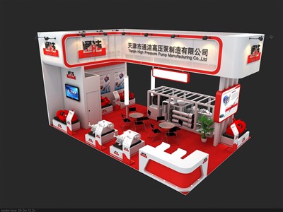 54平米展臺設(shè)計制作：三面開口/現(xiàn)代/木質(zhì)結(jié)構(gòu)/紅色，為機械展展商而作（免費使用）