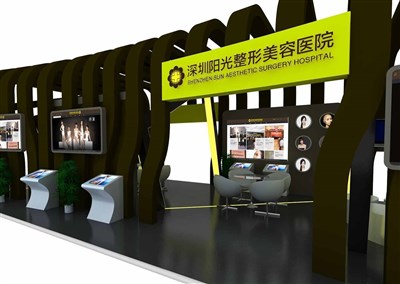 60平米展臺設(shè)計(jì)制作：四面開口/現(xiàn)代/木質(zhì)結(jié)構(gòu)/咖啡色，為美博會(huì)展商而作（免費(fèi)使用）
