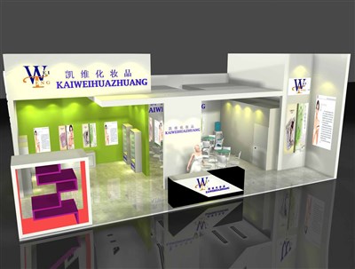 72平米展臺(tái)設(shè)計(jì)制作：二面開口/現(xiàn)代/木質(zhì)結(jié)構(gòu)/彩色，為美博會(huì)展商而作（免費(fèi)使用）