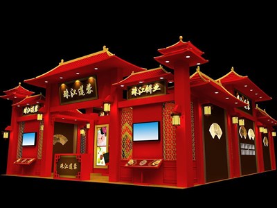117平米展臺(tái)設(shè)計(jì)制作：二面開(kāi)口/中式/木質(zhì)結(jié)構(gòu)/紅色，為食品展展商而作（免費(fèi)使用）