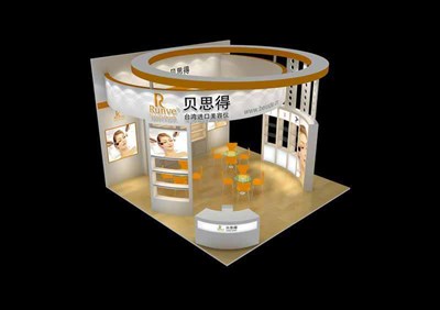 36平米展臺(tái)設(shè)計(jì)制作：四面開口/現(xiàn)代/木質(zhì)結(jié)構(gòu)/白色，為美博會(huì)展商而作（免費(fèi)使用）