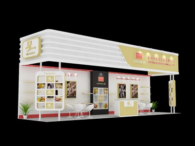 36平米展臺(tái)設(shè)計(jì)制作：三面開口/現(xiàn)代/木質(zhì)結(jié)構(gòu)/米色，為食品展展商而作（免費(fèi)使用）
