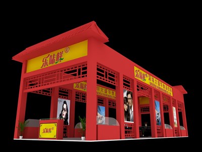 108平米展臺設(shè)計制作：四面開口/中式/木質(zhì)結(jié)構(gòu)/紅色，為食品展展商而作（免費使用）