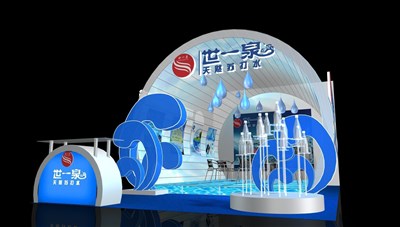 45平米展臺設(shè)計制作：二面開口/現(xiàn)代/木質(zhì)結(jié)構(gòu)/藍色，為食品展展商而作（免費使用）