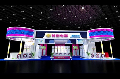 312平米展臺(tái)設(shè)計(jì)制作：四面開口/現(xiàn)代/木質(zhì)結(jié)構(gòu)/彩色，為家電展展商而作（免費(fèi)使用）