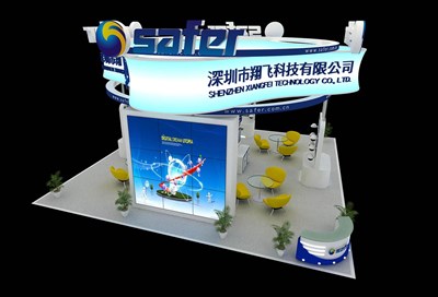 144平米展臺設計制作：四面開口/現(xiàn)代/木質(zhì)結(jié)構(gòu)/藍色，為安防展展商而作（免費使用）