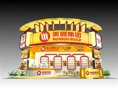 60平米展臺(tái)設(shè)計(jì)制作：三面開口/現(xiàn)代/木質(zhì)結(jié)構(gòu)/黃色，為食品展展商而作（免費(fèi)使用）