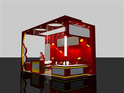 18平米展臺設(shè)計制作：三面開口/現(xiàn)代/木質(zhì)結(jié)構(gòu)/紅色，為食品展展商而作（免費(fèi)使用）