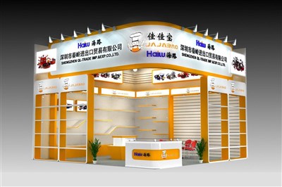 36平米展臺設(shè)計制作：二面開口/前衛(wèi)/木質(zhì)結(jié)構(gòu)/黃色，為家電展展商而作（免費使用）