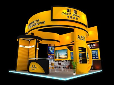 36平米展臺設(shè)計制作：三面開口/現(xiàn)代/木質(zhì)結(jié)構(gòu)/黃色，為汽配展展商而作（免費使用）