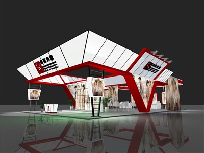 144平米展臺設(shè)計制作：四面開口/現(xiàn)代/型材結(jié)構(gòu)/紅色，為機械展展商而作（免費使用）