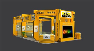 135平米展臺設(shè)計(jì)制作：三面開口/現(xiàn)代/木質(zhì)結(jié)構(gòu)/黃色，為機(jī)械展展商而作（免費(fèi)使用）