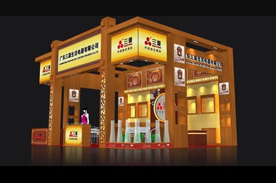 48平米展臺設(shè)計制作：三面開口/現(xiàn)代/木質(zhì)結(jié)構(gòu)/黃色，為家電展展商而作（免費使用）
