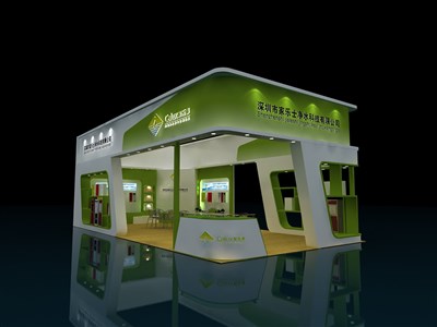 72平米展臺設(shè)計制作：三面開口/現(xiàn)代/木質(zhì)結(jié)構(gòu)/綠色，為家電展展商而作（免費使用）