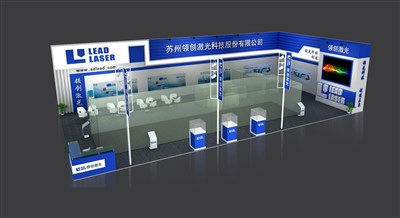 200平米展臺設計制作：二面開口/現代/木質結構/藍色，為機械展展商而作（免費使用）