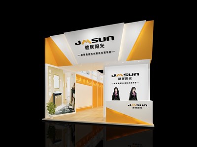 82.5平米展臺設(shè)計制作：一面開口/現(xiàn)代/木質(zhì)結(jié)構(gòu)/黃色，為家電展展商而作（免費使用）