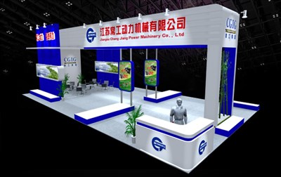112平米展臺設(shè)計制作：四面開口/現(xiàn)代/木質(zhì)結(jié)構(gòu)/藍色，為機械展展商而作（免費使用）
