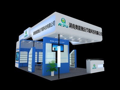 54平米展臺設(shè)計制作：三面開口/現(xiàn)代/木質(zhì)結(jié)構(gòu)/藍(lán)色，為汽配展展商而作（免費使用）