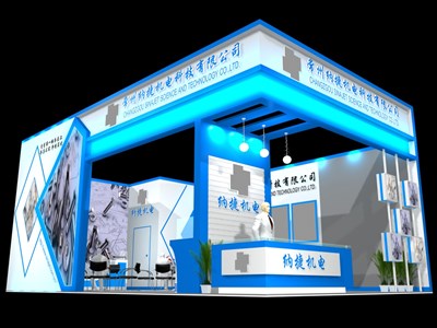 60平米展臺設(shè)計制作：二面開口/現(xiàn)代/木質(zhì)結(jié)構(gòu)/藍(lán)色，為機械展展商而作（免費使用）