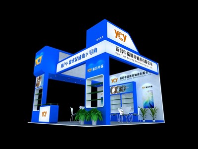36平米展臺設計制作：三面開口/現(xiàn)代/木質(zhì)結(jié)構(gòu)/藍色，為機械展展商而作（免費使用）