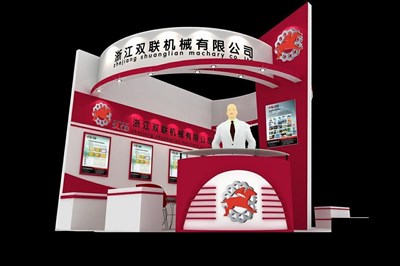 18平米展臺設(shè)計制作：二面開口/前衛(wèi)/木質(zhì)結(jié)構(gòu)/紅色，為機(jī)械展展商而作（免費使用）