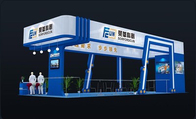 90平米展臺(tái)設(shè)計(jì)制作：四面開口/現(xiàn)代/木質(zhì)結(jié)構(gòu)/藍(lán)色，為機(jī)械展展商而作（免費(fèi)使用）