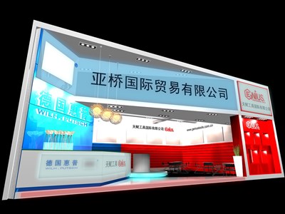 96平米展臺設計制作：一面開口/現(xiàn)代/木質(zhì)結構/米色，為機械展展商而作（免費使用）