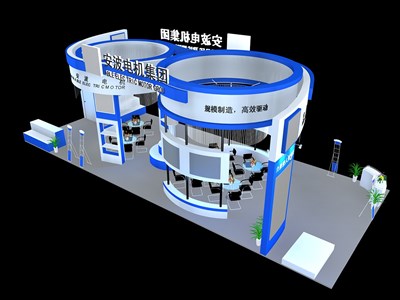 90平米展臺設計制作：四面開口/前衛(wèi)/木質結構/藍色，為機械展展商而作（免費使用）