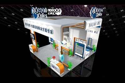 36平米展臺設計制作：三面開口/現(xiàn)代/木質(zhì)結(jié)構(gòu)/白色，為機械展展商而作（免費使用）